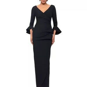 Betsy & Adam Black Gown with V-Neck and Bell Sleeves for Cocktail